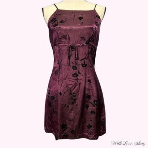 90s vintage City Triangles square neck purple metallic floral satin mini dress